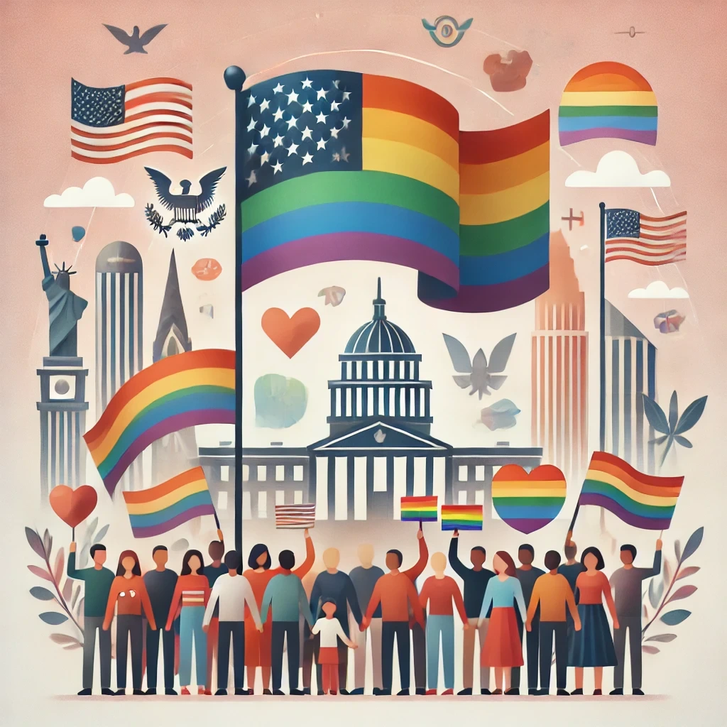 A same-sex couple holding hands with a rainbow flag, highlighting support for LGBT immigrants.