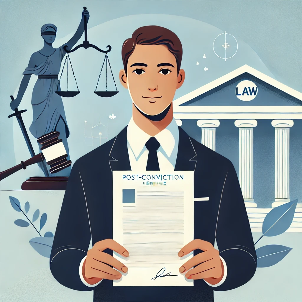 An individual reviewing legal documents with an attorney, highlighting post-conviction relief services.