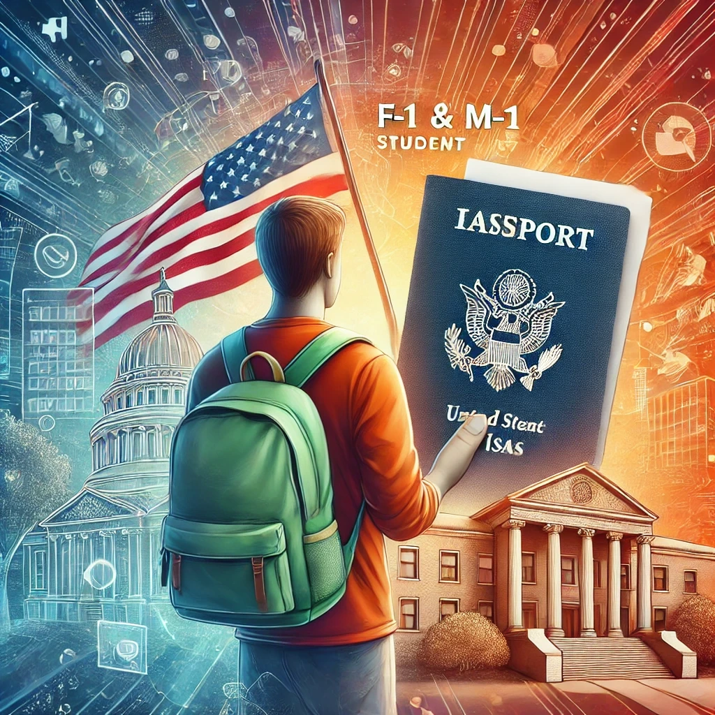 A student with a backpack in front of a U.S. campus building, representing F-1 and M-1 visa services for educational opportunities.